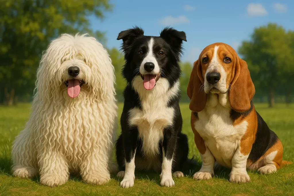 Kutyás kvízjáték borítókép. Komondor, Basset hound, border Collie a képen.
